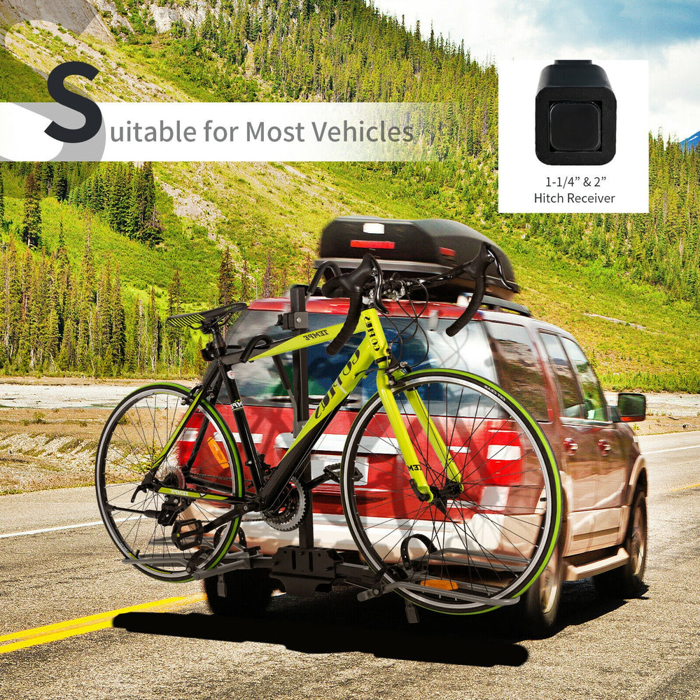 2-bike hitch mount bike rack in black, compatible with 1-1/4" and 2" receivers, adjustable for various bike sizes.