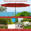 Double-sided 15-foot dark red patio umbrella with 48 solar LED lights, ideal for garden, patio, or outdoor gatherings.