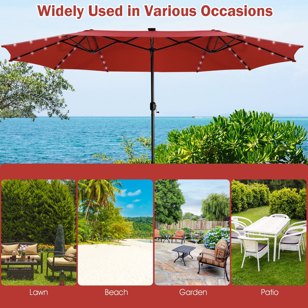 Double-sided 15-foot dark red patio umbrella with 48 solar LED lights, ideal for garden, patio, or outdoor gatherings.