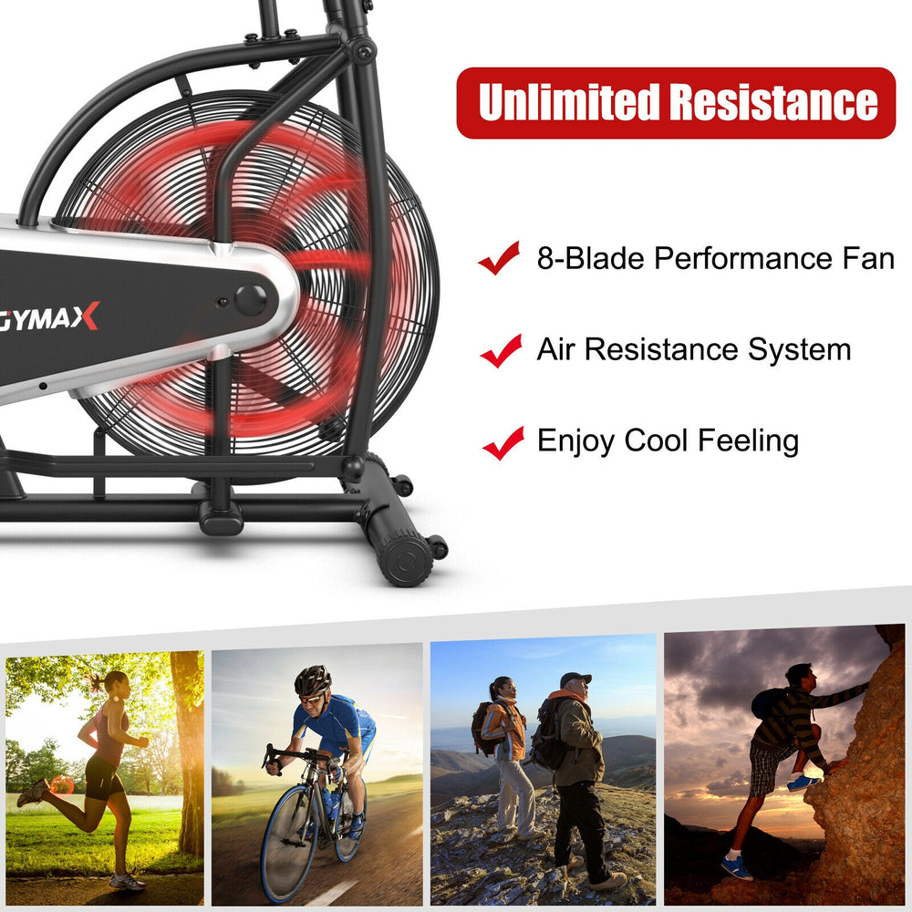 Upright air bike with unlimited resistance features a fan, anti-slip pedals, and adjustable seat for full body workouts.