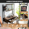Industrial vanity table in brown with adjustable mirror, large drawer, and storage bag for cosmetics and jewelry.