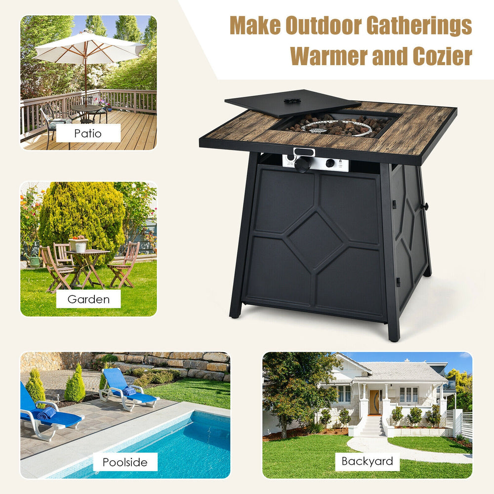 28-inch propane gas fire pit table with stainless steel burner, lava stone, and cover, perfect for outdoor gatherings.