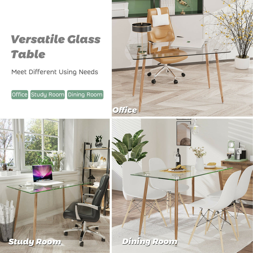 Modern rectangular glass dining table with metal legs, featuring a clear tabletop and wood grain finish for versatile.