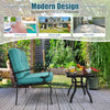 Turquoise cushioned chair and coffee table from a 2-piece patio loveseat set, perfect for outdoor relaxation.