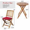 Folding chair and round coffee table set made of solid acacia wood with red cushion, perfect for outdoor use.