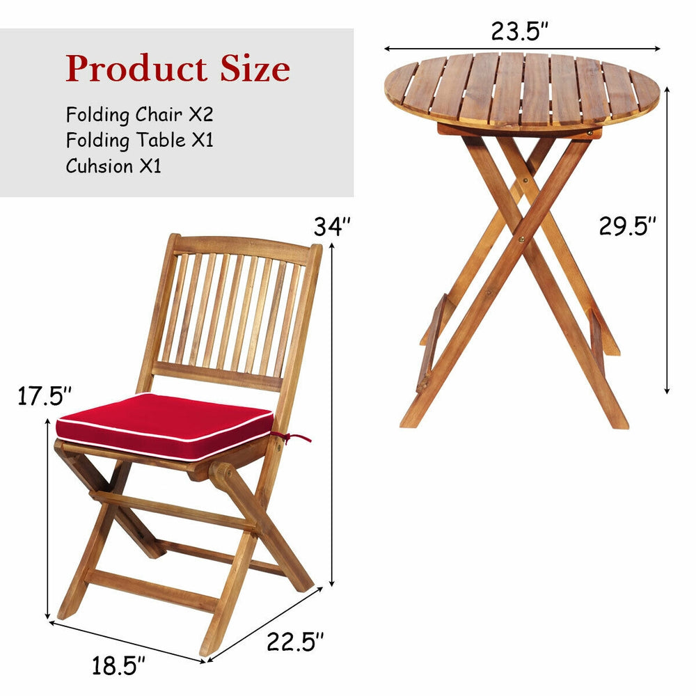 Folding chair and round coffee table set made of solid acacia wood with red cushion, perfect for outdoor use.