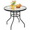Round 32-inch patio table showcasing a stylish tempered glass top, ideal for outdoor dining with an umbrella hole.
