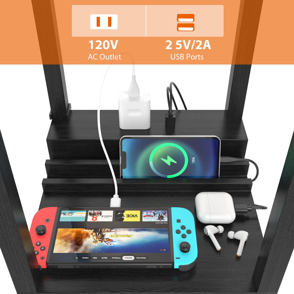 Modern standing shelf lamp with 1 power outlet and 2 USB ports, ideal for charging devices in living room or bedroom.