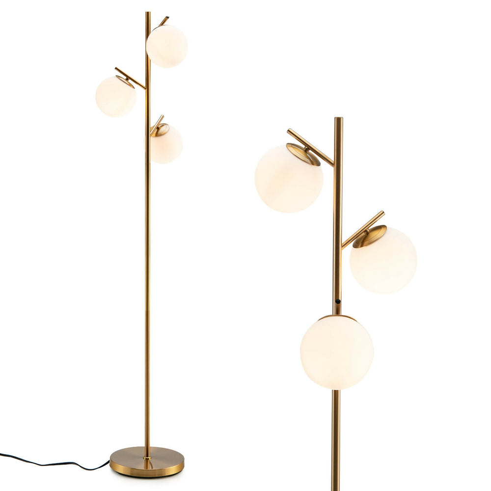 Elegant 3-globe floor lamp in gold with a weighted base and user-friendly foot switch, ideal for enhancing any room's.