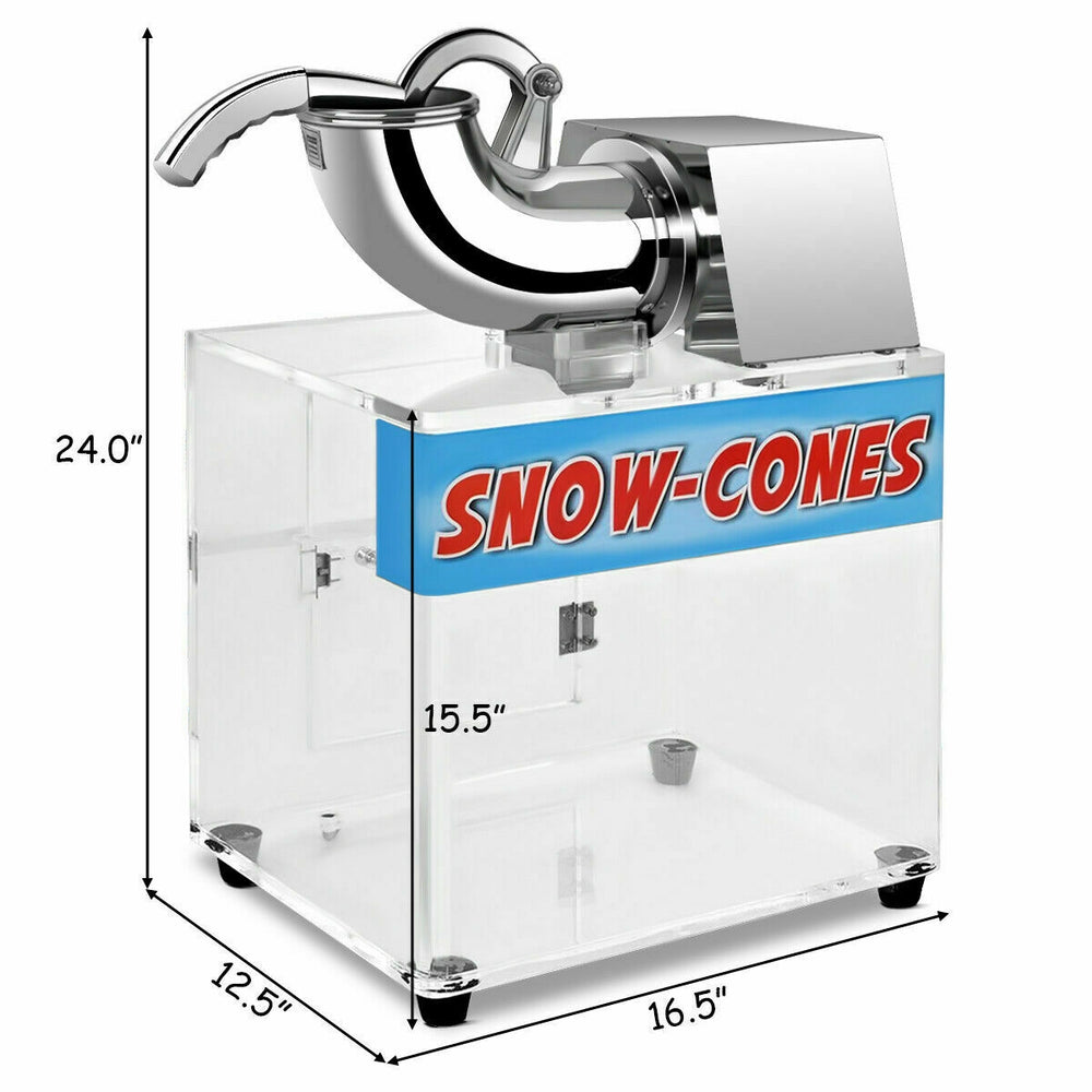 Electric snow cone machine with dimensions 24" x 16.5" x 15.5", featuring a water-resistant switch for safe operation.
