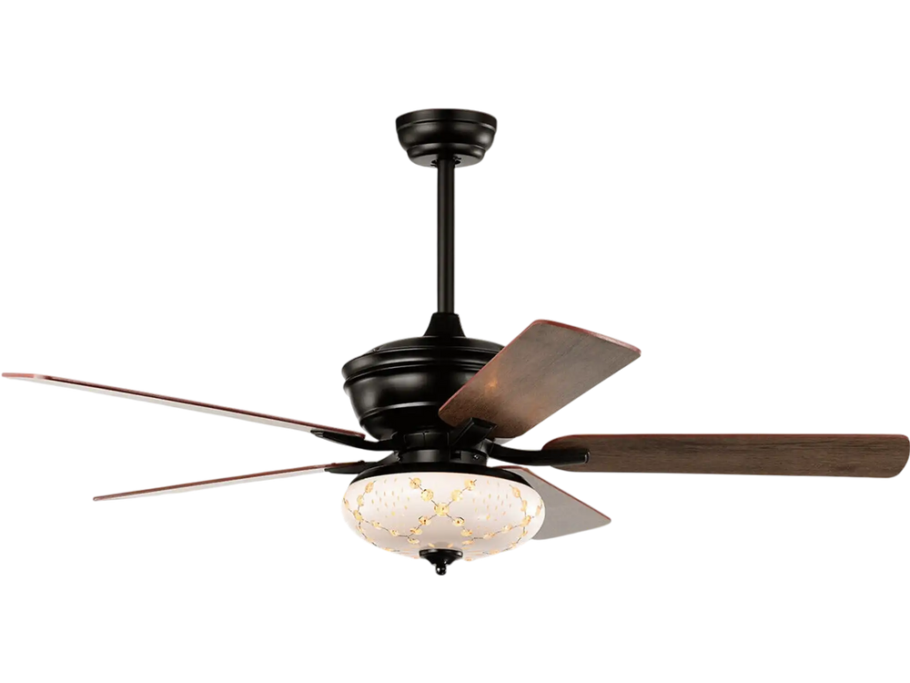 52-inch black ceiling fan with 5 reversible blades, remote control, and 3 wind speeds for retro home decor.