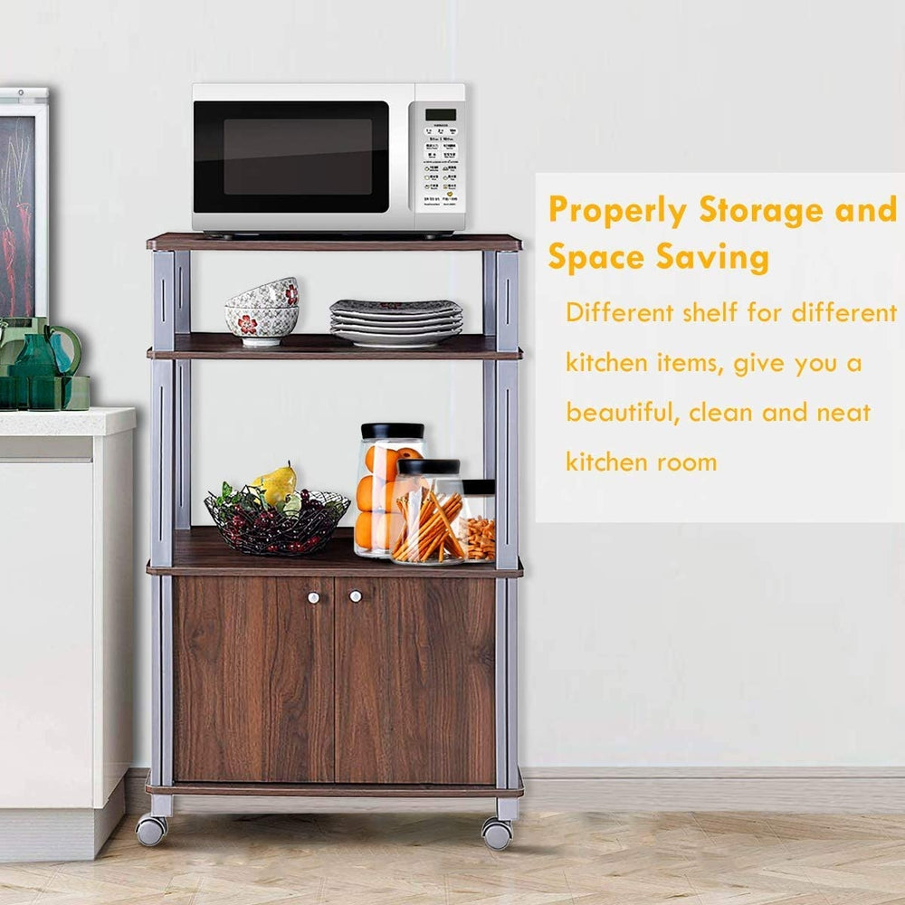 Microwave rack stand in walnut finish with 3 shelves and 2-door cabinet, perfect for organized kitchen storage.