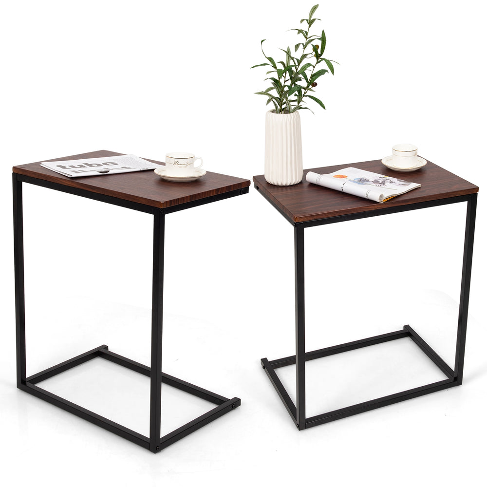 Stylish dark brown side table with sturdy steel frame, perfect as a laptop holder beside sofa or bed.