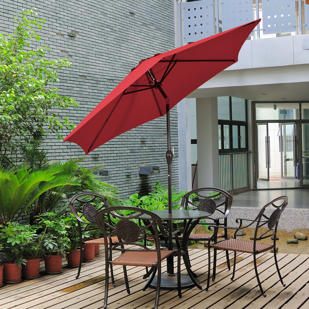 Dark red 10 feet outdoor patio umbrella with tilt adjustment and crank, ideal for residential or commercial use.