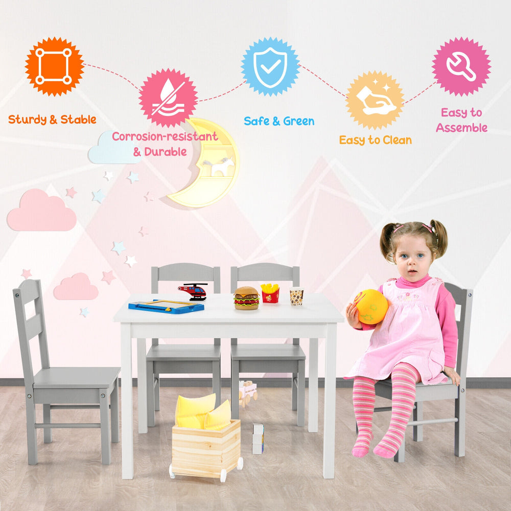 Kids 5-piece wooden table and chair set in white, perfect for playroom activities, featuring rounded corners for safety.