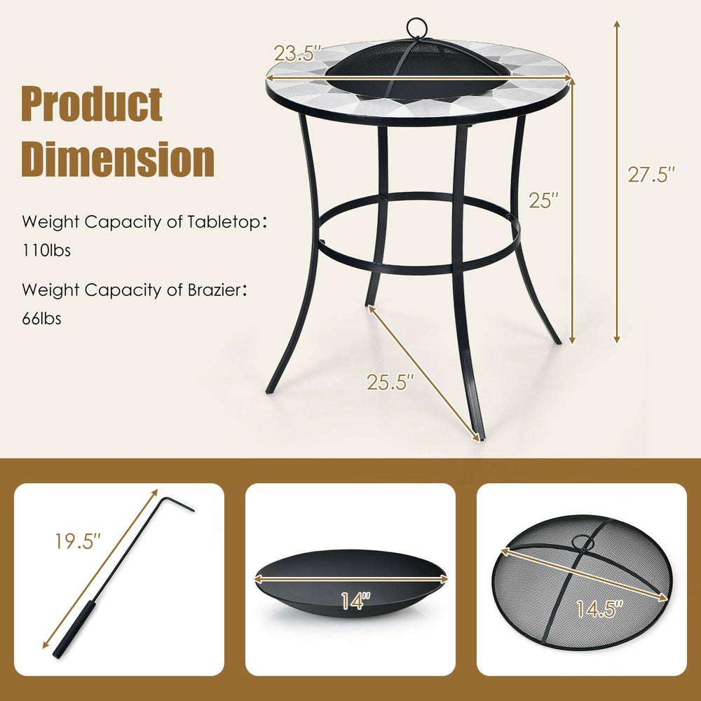 23.5-inch round fire pit table with mesh cover, durable steel frame, ideal for outdoor gatherings and barbecue parties.