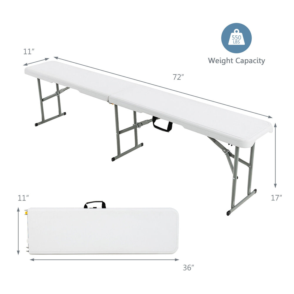 Portable 6 feet folding bench with a waterproof HDPE top, anti-rust frame, and carrying handle for easy transport.