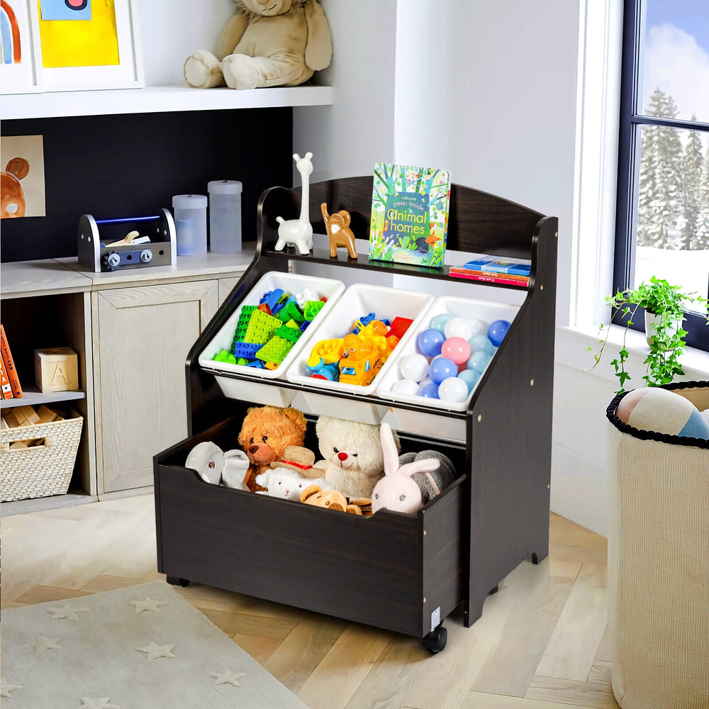 Espresso kids wooden toy storage unit features a top display shelf and spacious toy box, perfect for organizing and.