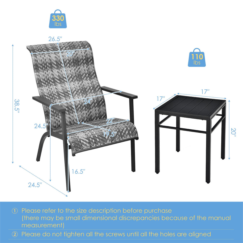 High backrest patio chair and compact table from a 3-piece rattan bistro set, perfect for outdoor relaxation.