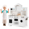 Wooden kids kitchen playset with washing machine, oven, and accessories for imaginative play and creativity development.