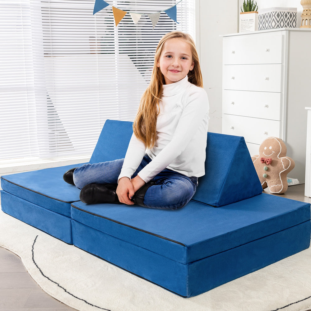 Convertible blue kids couch set with two folding mats and triangular pillows, perfect for playrooms and imaginative.