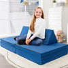 Convertible blue kids couch set with two folding mats and triangular pillows, perfect for playrooms and imaginative.