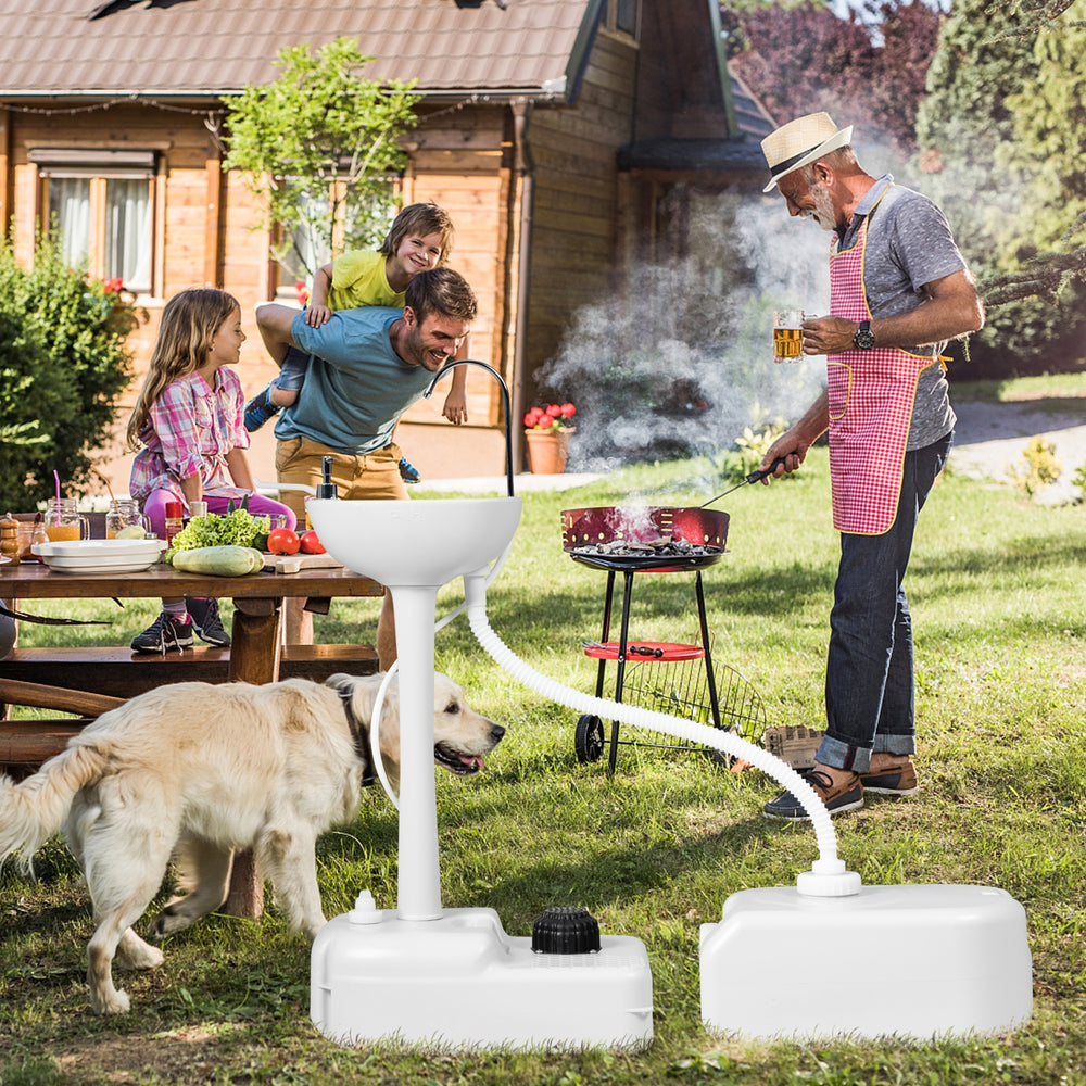Camping hand wash station with 4.5-gallon tank, featuring a soap dispenser and telescopic hose for outdoor hygiene.