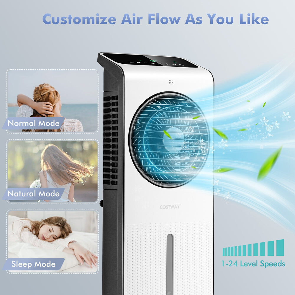 3-in-1 evaporative air cooler in white with 24 speeds, 360° rotating blades, and remote control for customizable.