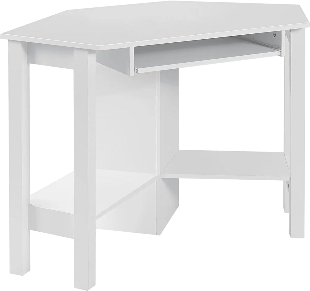 White wooden corner desk with large drawer and two shelves, ideal for maximizing space in home offices or study areas.