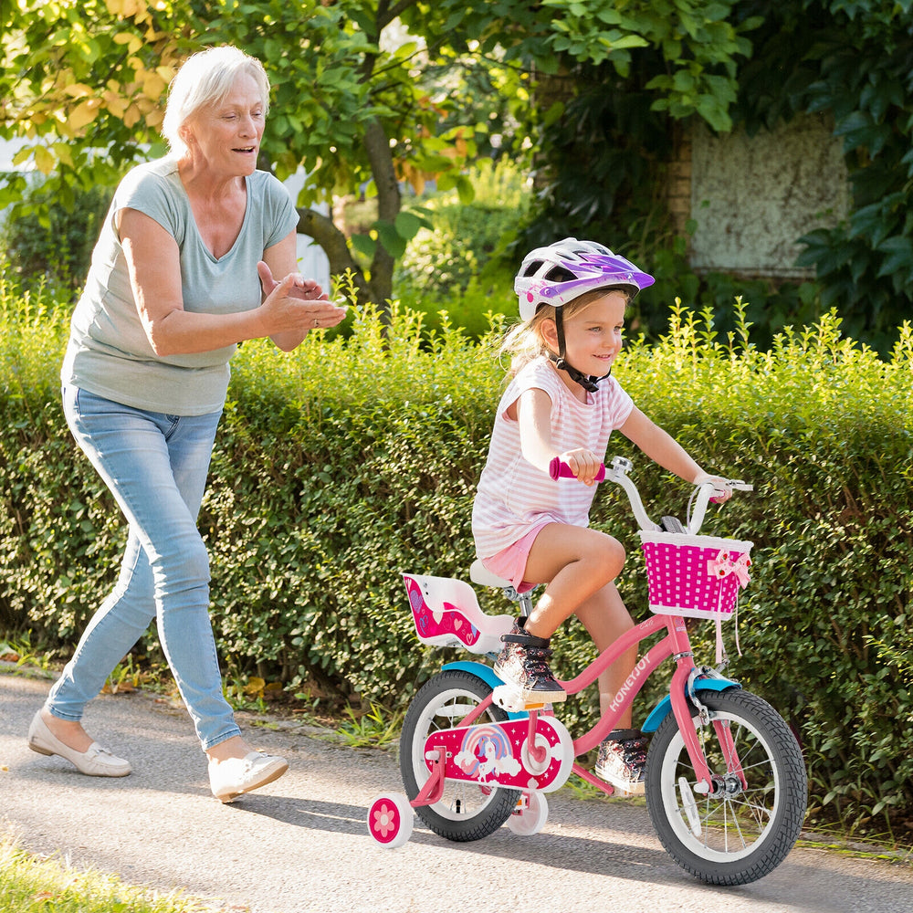 Kids bicycle with training wheels, 14-inch size, featuring a basket and doll seat, perfect for ages 3-9 years.