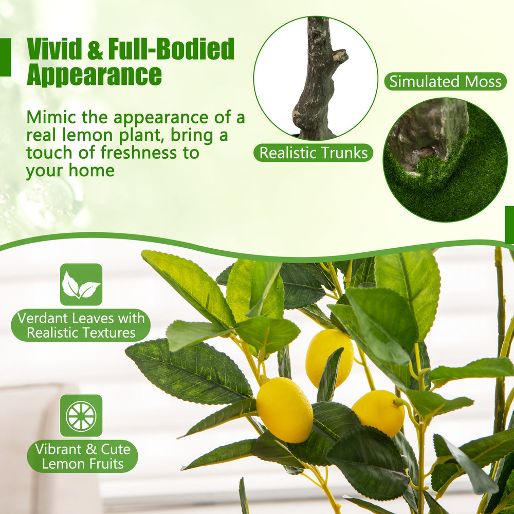 Artificial lemon tree with vibrant leaves and realistic trunks, 2.6 ft tall, perfect for indoor decoration.