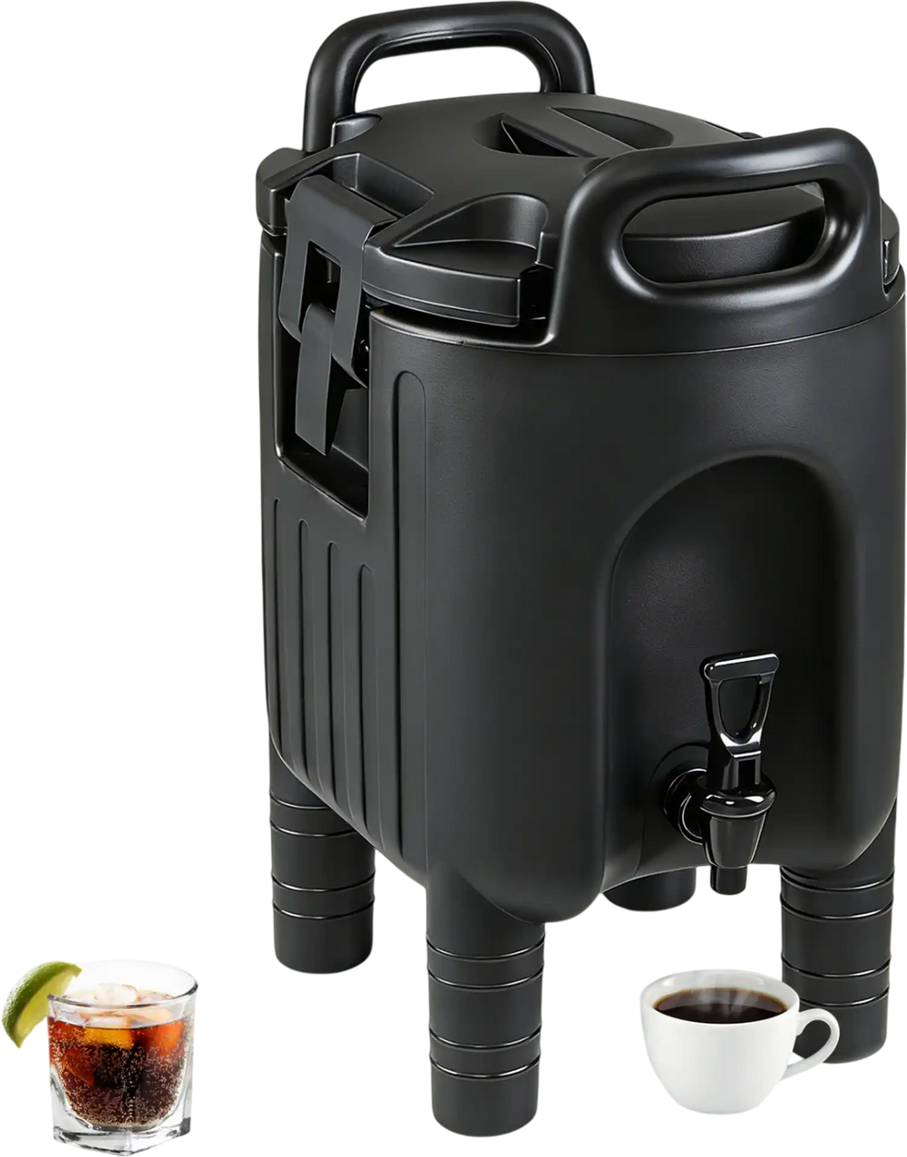 Insulated 2.6 Gal beverage dispenser in black with handles and drip-proof faucet, perfect for parties and catering.