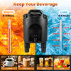 Insulated 2.6 Gal beverage dispenser in black with handles, designed to keep drinks cold for 4-6 hours and warm for 6-8.