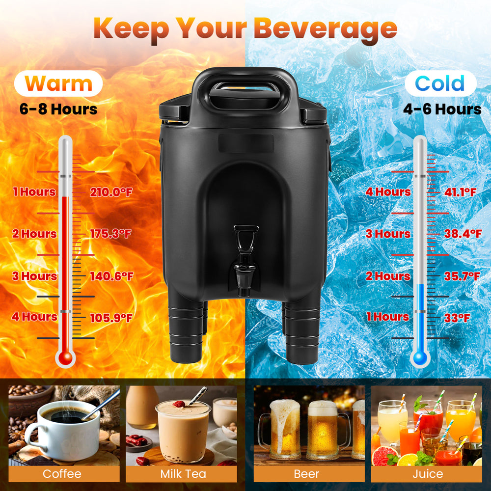 Insulated 2.6 Gal beverage dispenser in black with handles, designed to keep drinks cold for 4-6 hours and warm for 6-8.