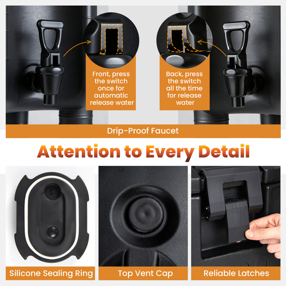 Drip-proof faucet and top vent cap of the 2.6 Gal insulated beverage dispenser for mess-free serving and preservation.