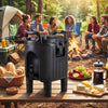 Black insulated beverage dispenser with handles, perfect for camping and parties, showcasing its large capacity and.