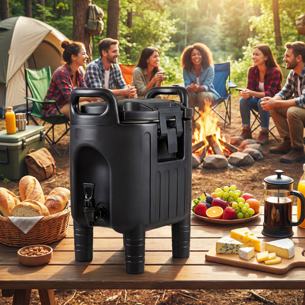 Black insulated beverage dispenser with handles, perfect for camping and parties, showcasing its large capacity and.