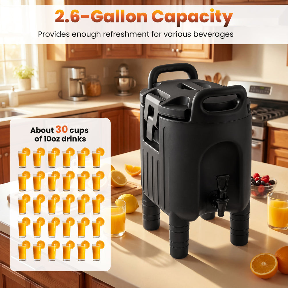 Black 2.6-gallon insulated beverage dispenser with handles, ideal for parties and catering, featuring drip-proof faucet.