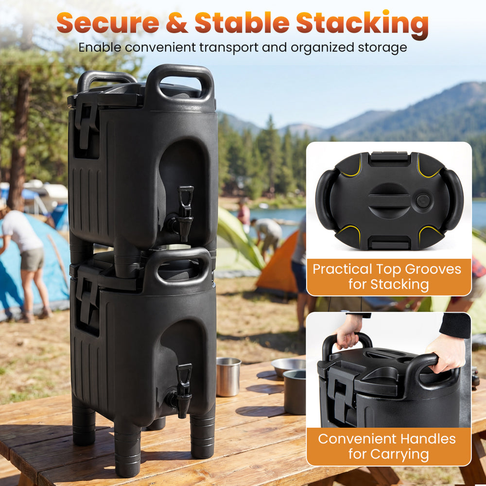 Stacked black insulated beverage dispensers with convenient handles, ideal for catering and outdoor events.