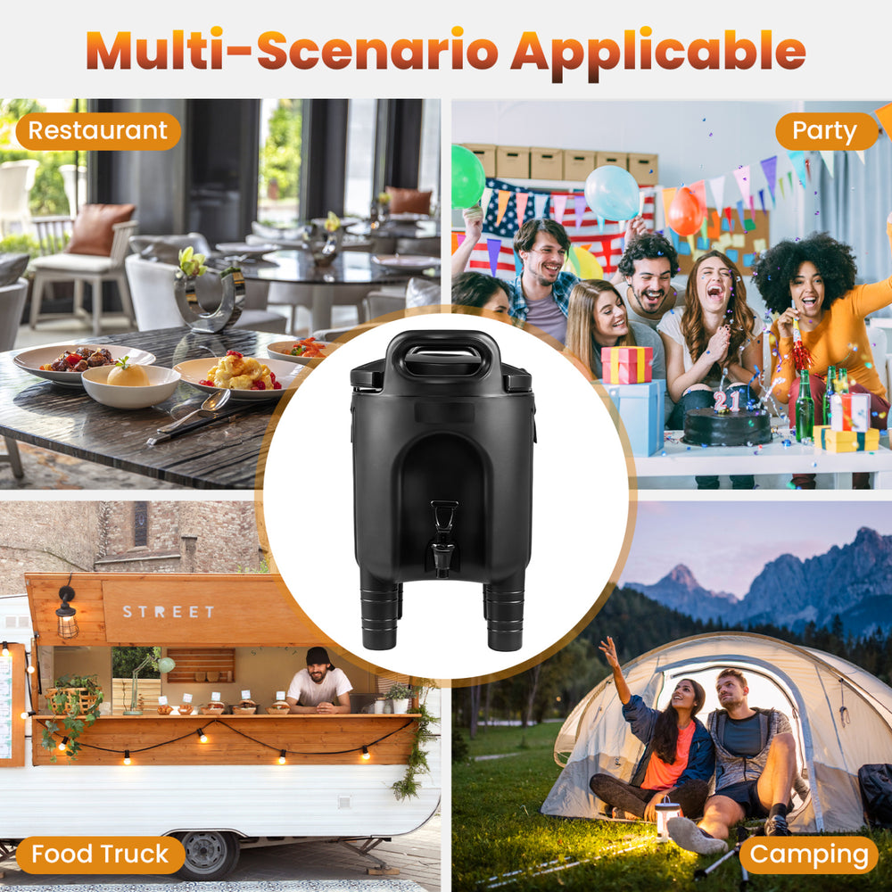 Black 2.6 Gal insulated beverage dispenser set of 3 with handles, ideal for parties, camping, and catering events.