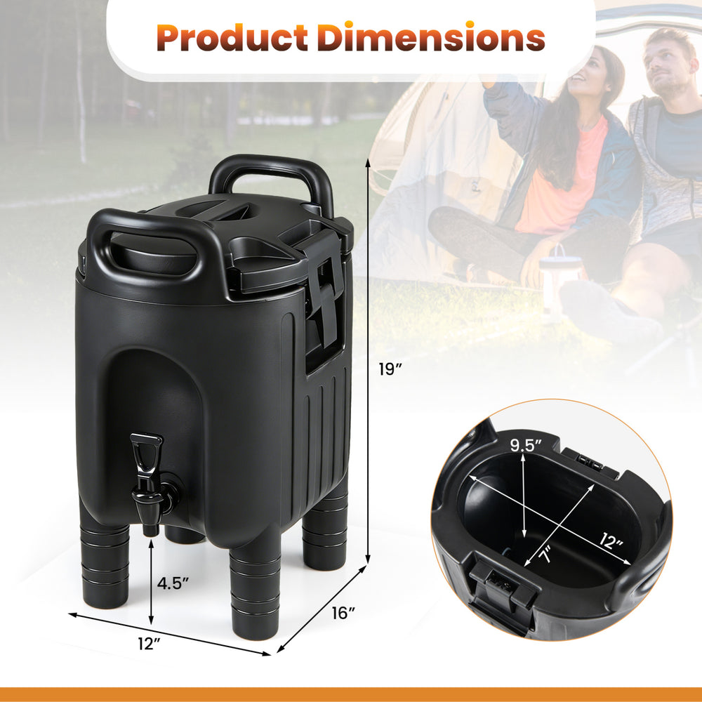 Black insulated beverage dispenser with handles, 2.6-gallon capacity, ideal for camping and parties, showing product.