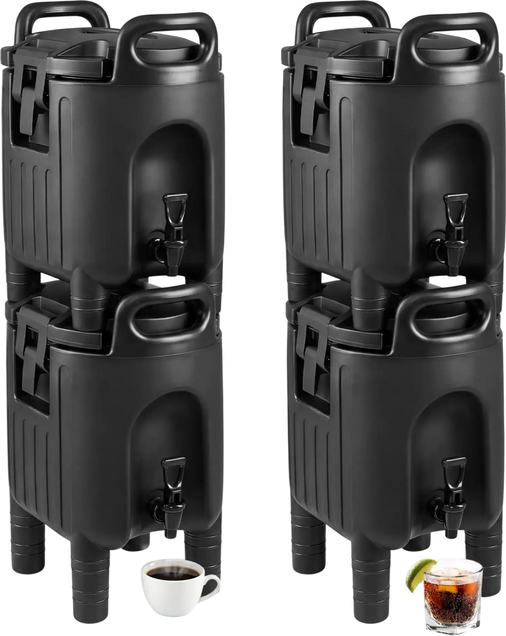 Stacked set of four 2.6 Gal insulated beverage dispensers in black, featuring handles and drip-proof faucets for easy.