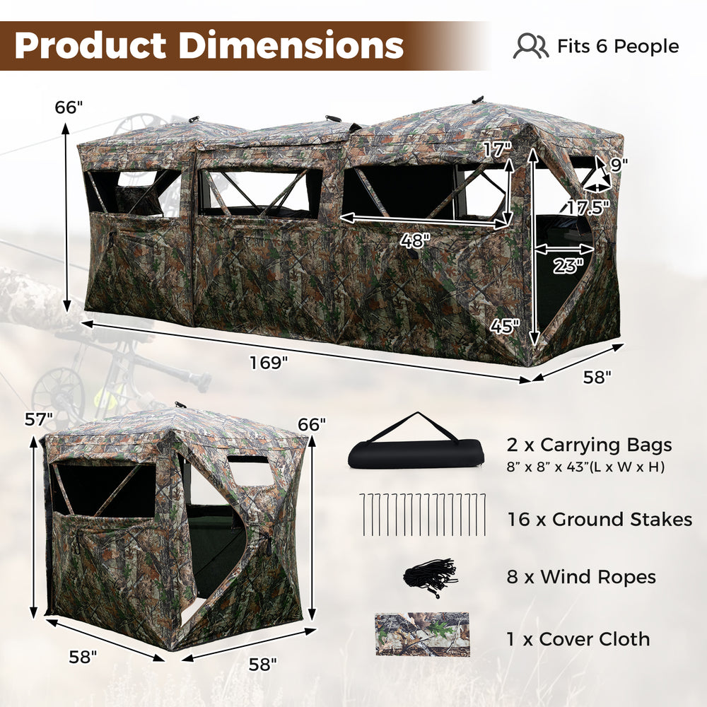 Side view of the 2-6 Person Side-by-Side Hunting Blinds with camouflage pattern, featuring adjustable windows and doors.