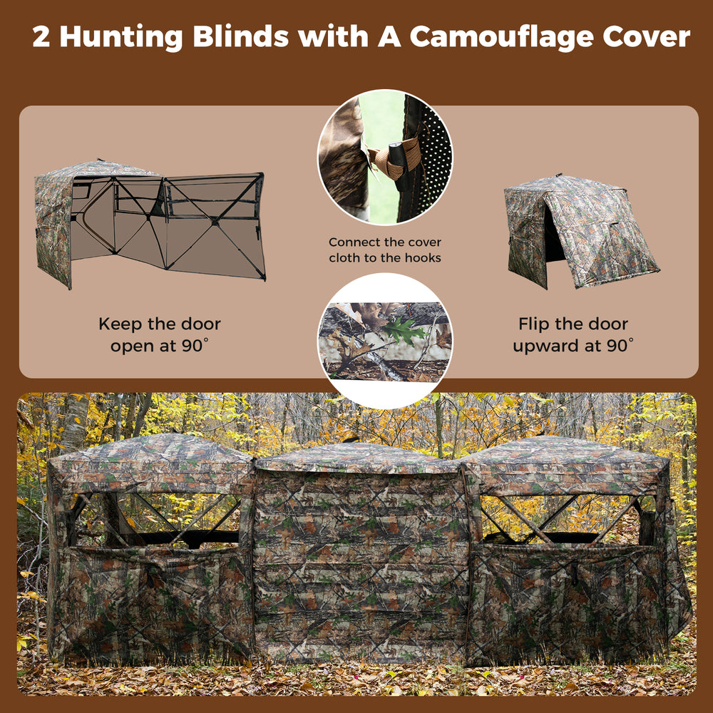 Two modular hunting blinds with camouflage cover, featuring one-way see-through panels and adjustable windows for.