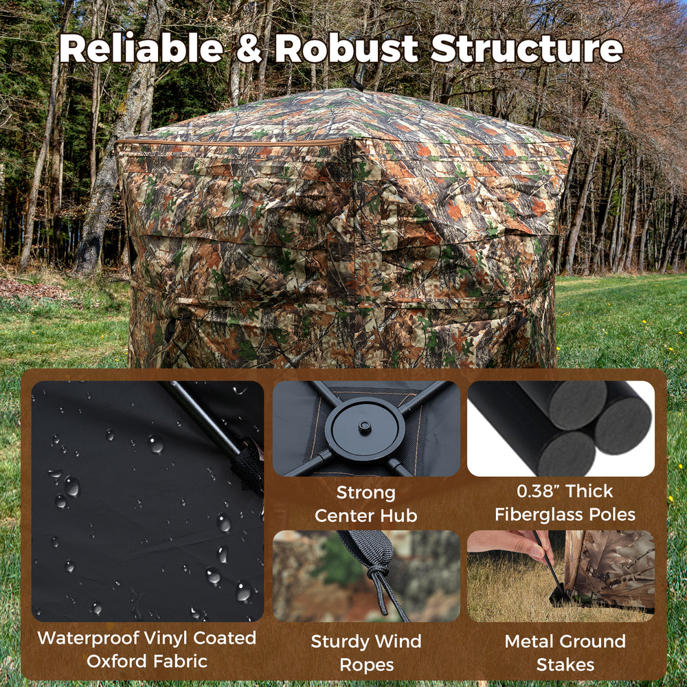 Side view of 2-6 person hunting blinds featuring waterproof oxford fabric and camouflage design for effective.