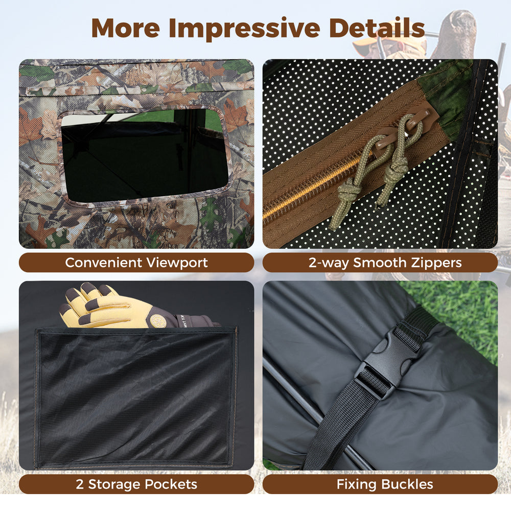 Close-up of the 2-way smooth zippers and fixing buckles on the 2-6 person hunting blinds for easy access and secure.