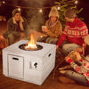 34-inch square concrete propane fire pit table with lava rocks, perfect for outdoor gatherings and patio use.