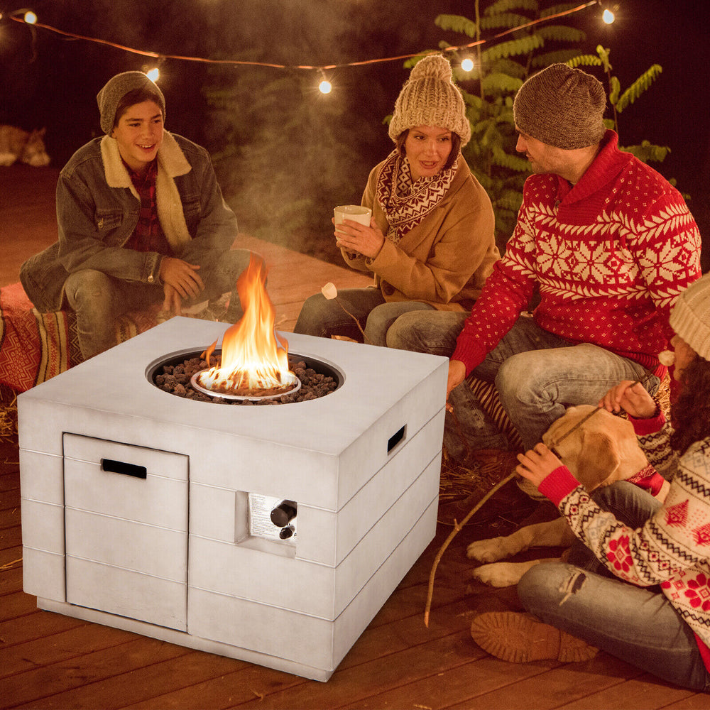 34-inch square concrete propane fire pit table with lava rocks, perfect for outdoor gatherings and patio use.