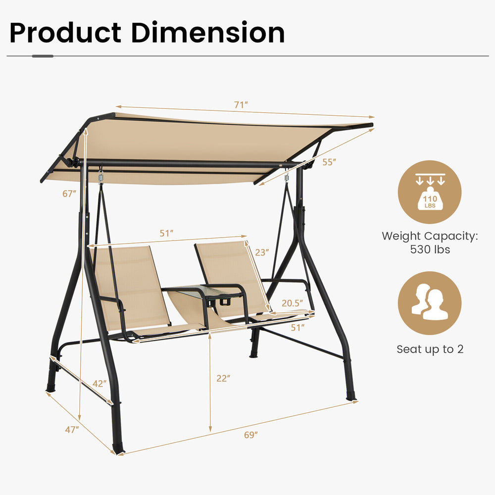 2-seat outdoor porch swing with adjustable canopy, tempered glass table, and durable fabric in beige for patio.