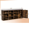 Dimensions of the 9-cube adjustable storage shoe bench in rustic brown, featuring 3 adjustable shelf heights and a door.